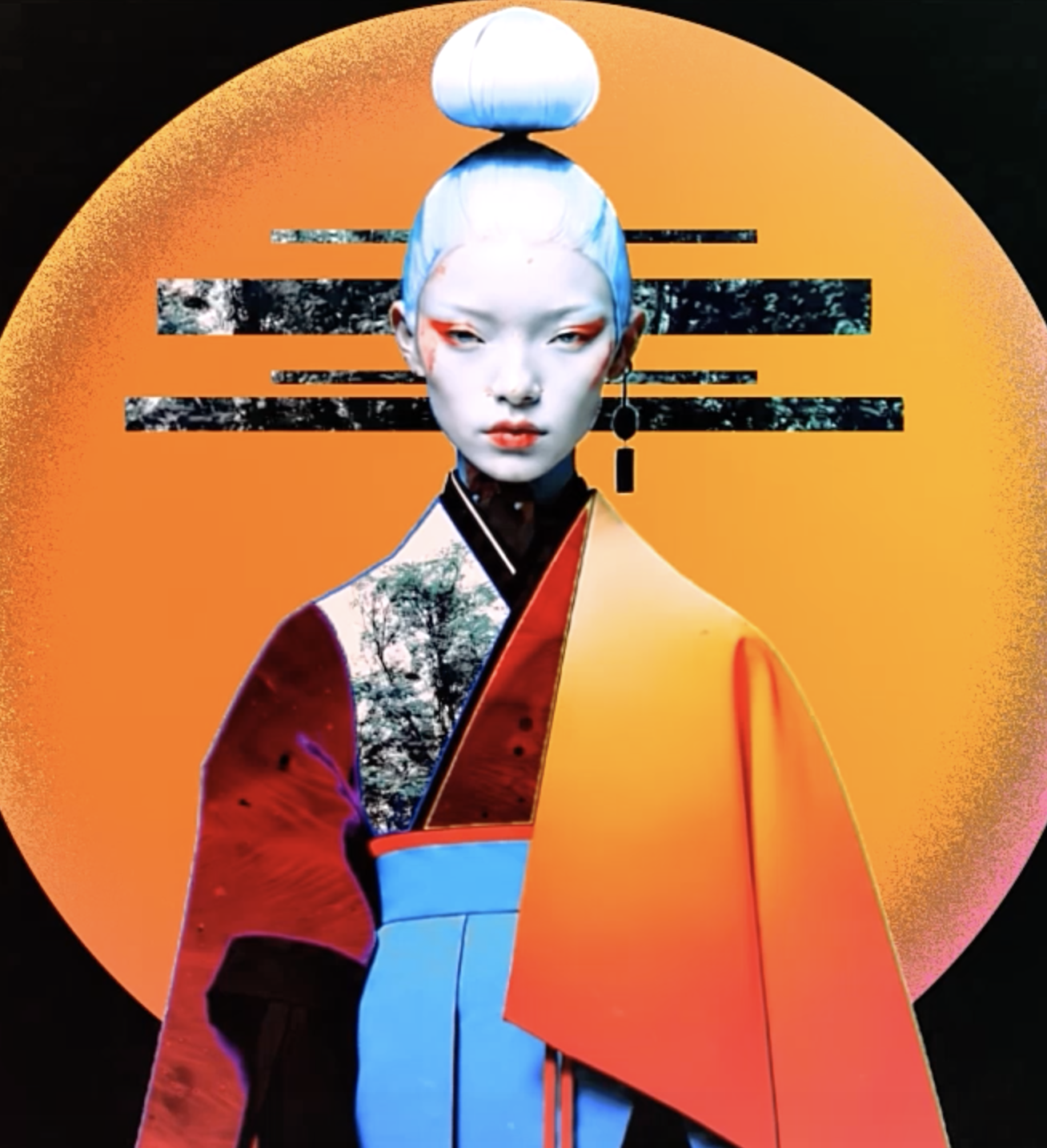 AI-generated character in a vivid orange, red and blue composition