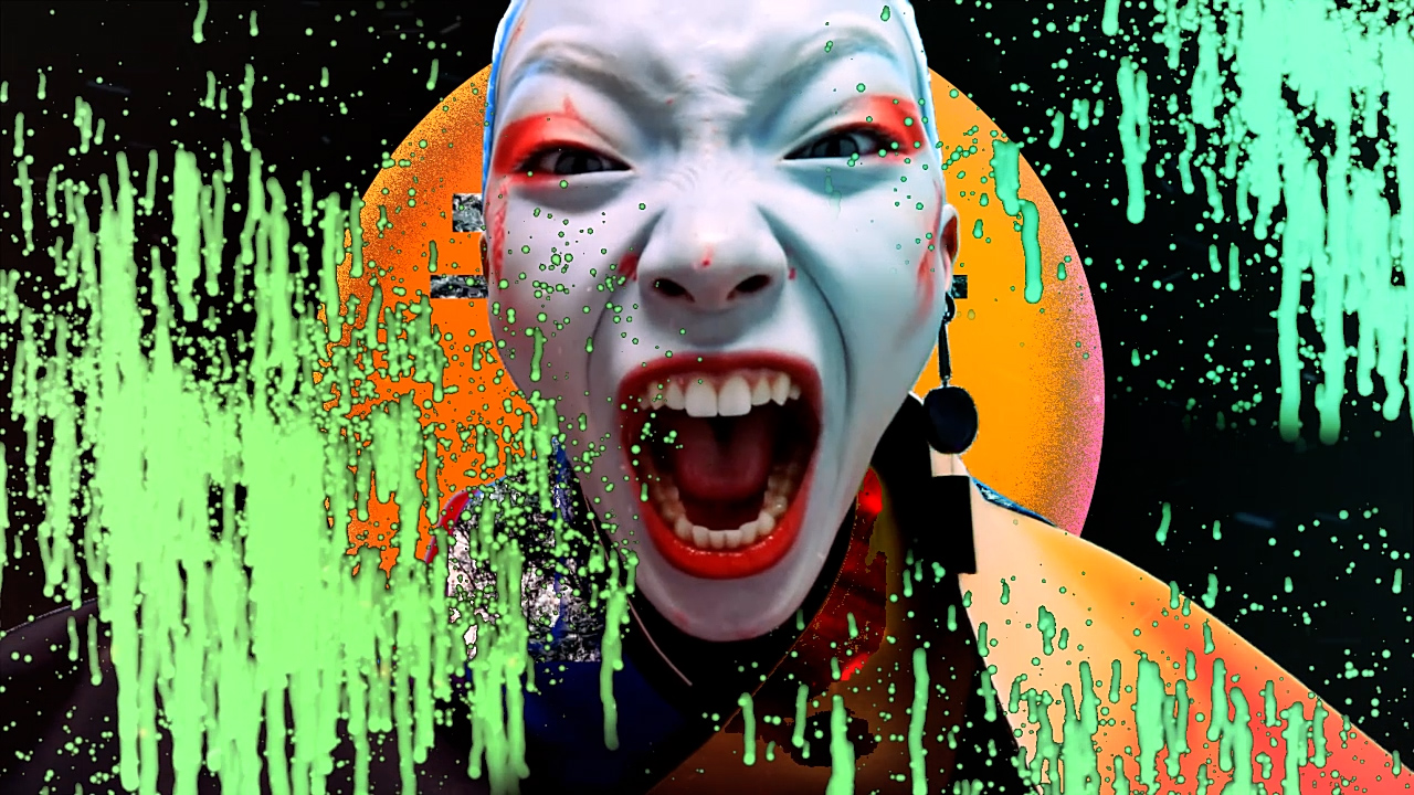 AI-generated character with graphic green splashes