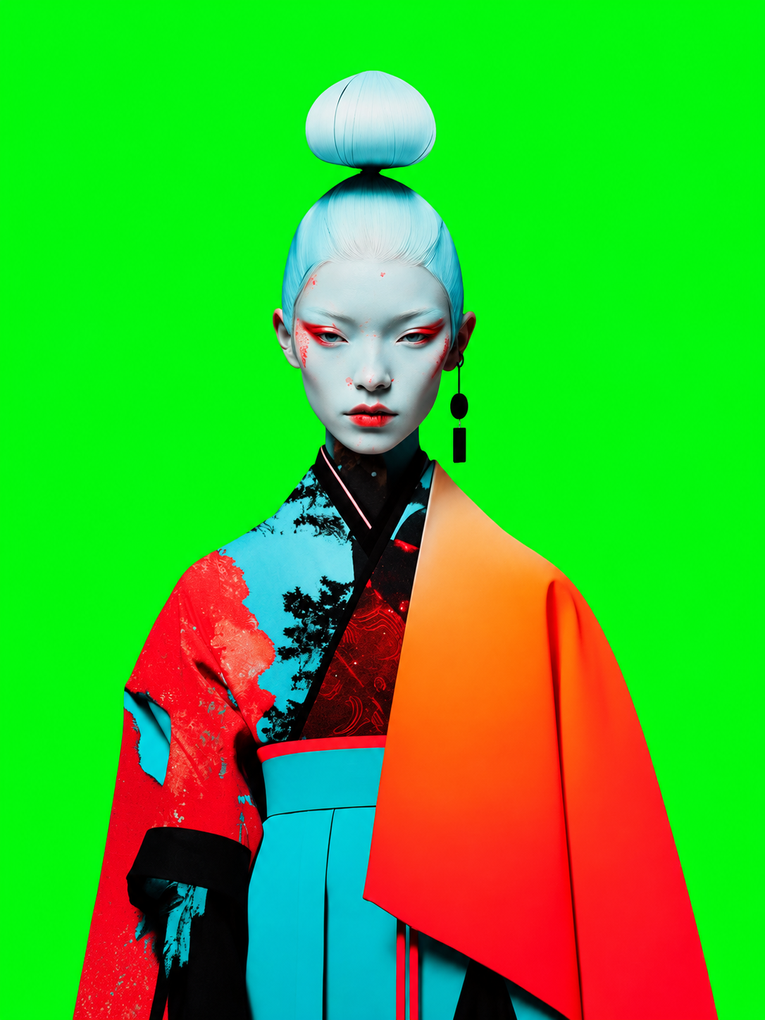AI-generated character against a vivid green background