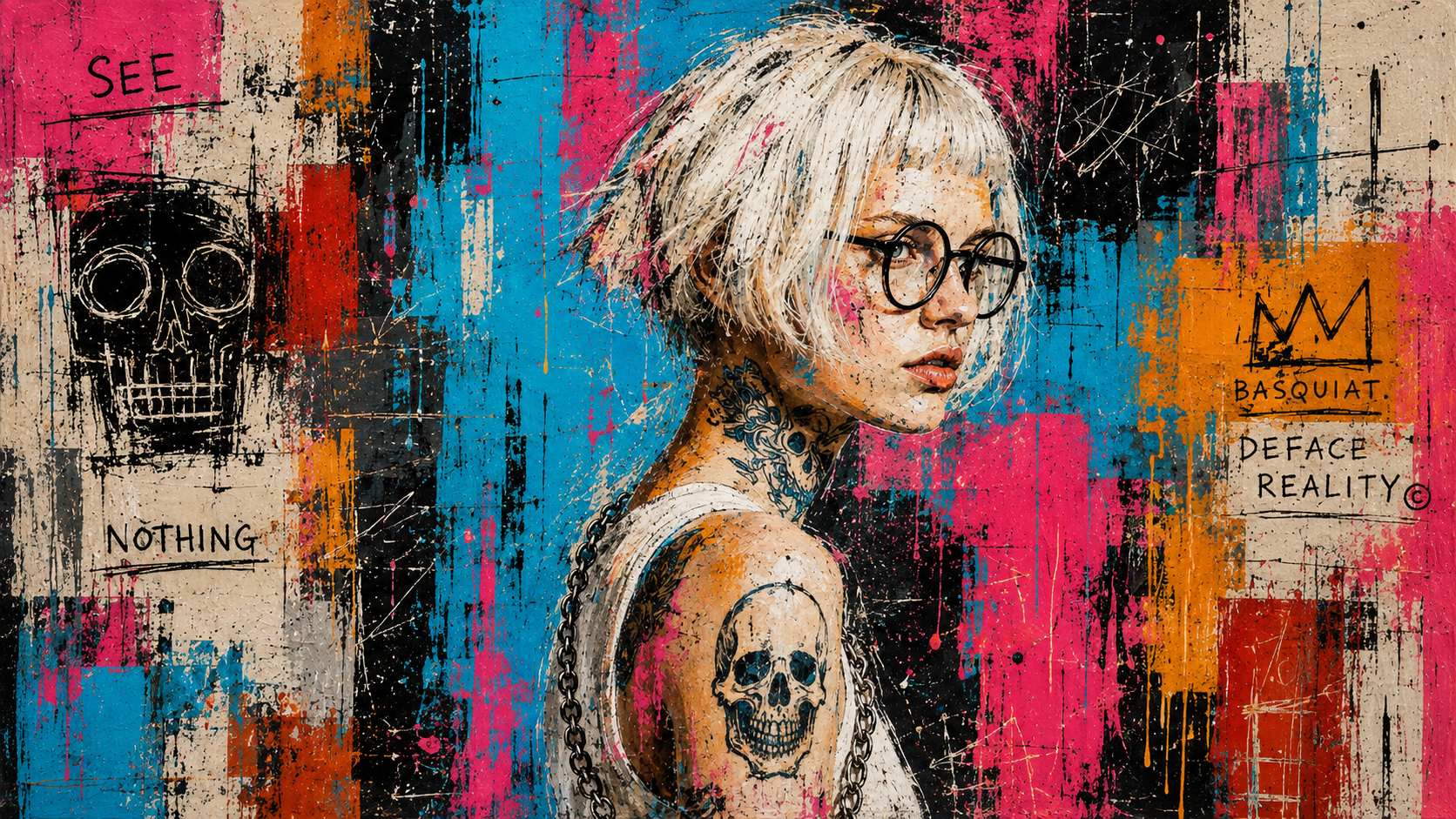 Basquiat-inspired mixed-media portrait in pink, blue, orange and black