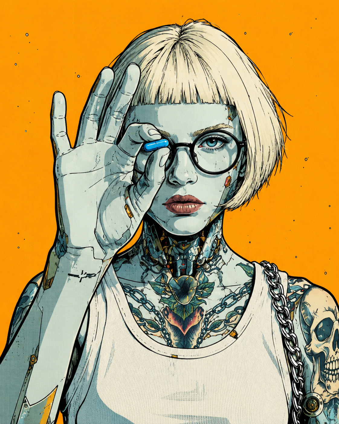 Illustrated cyberpunk portrait on an orange background
