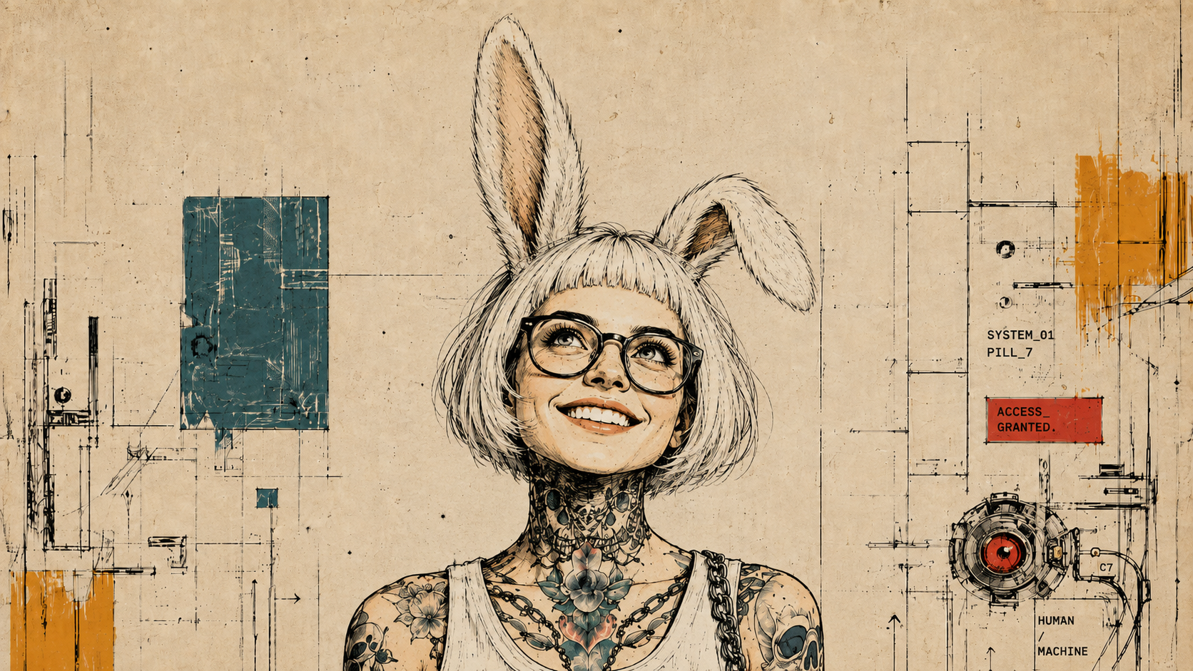 Illustrated portrait with rabbit ears on a technical paper background