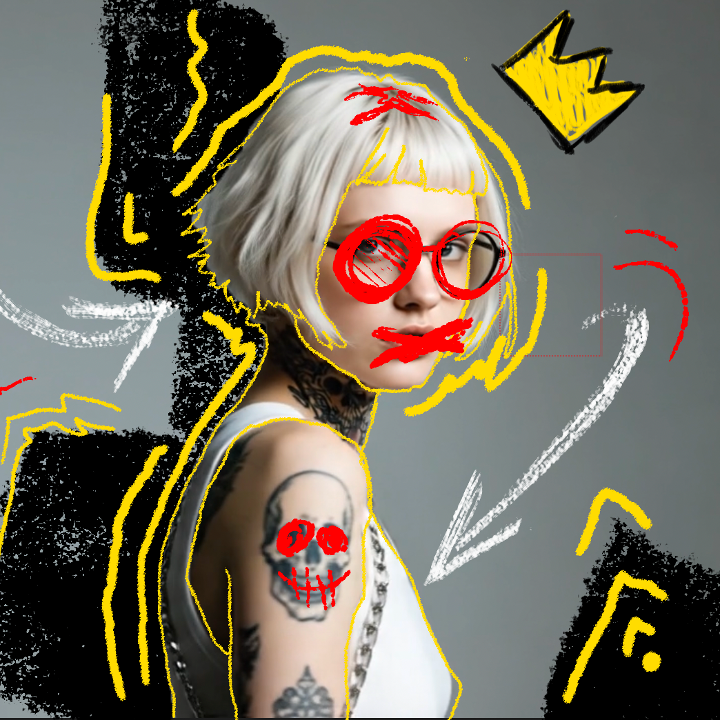 Mixed-media portrait with hand-drawn red, yellow, black and white graphics